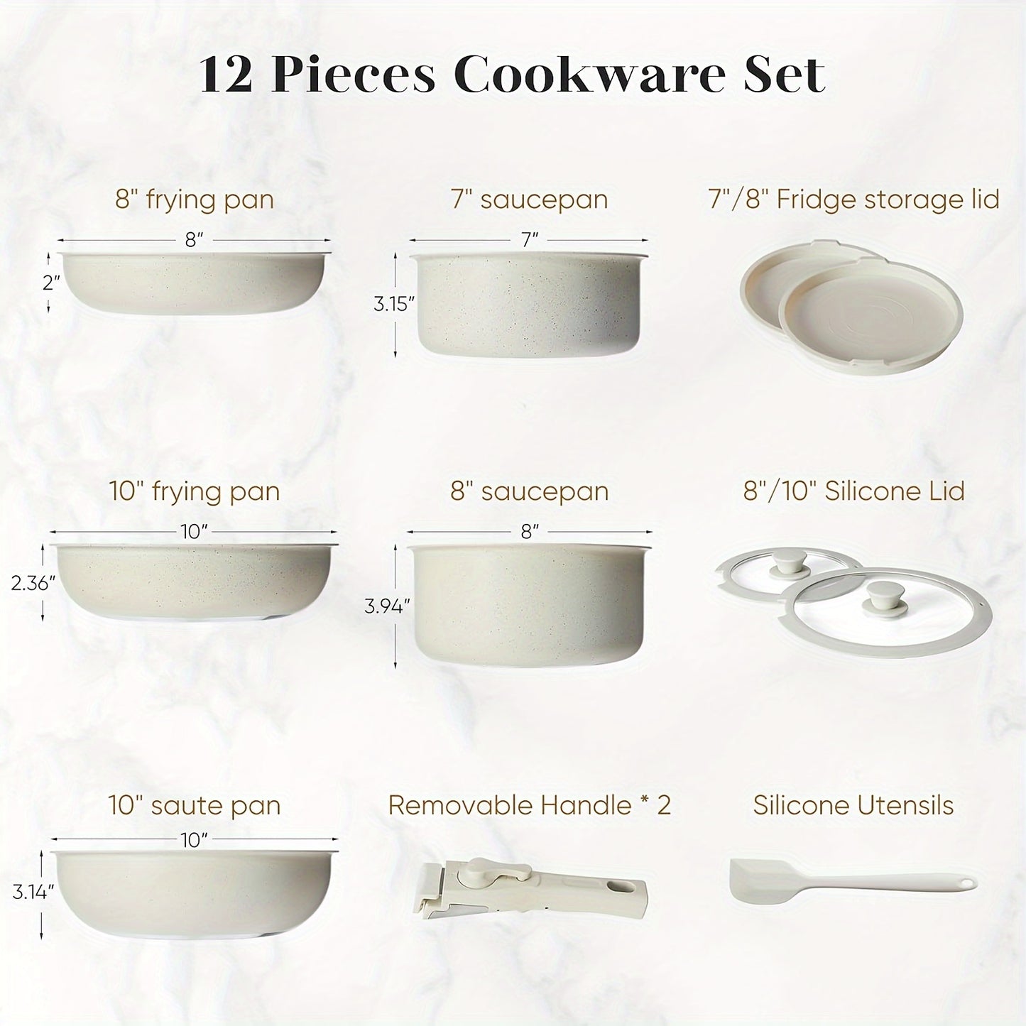 Nonstick 12-Piece Cookware Set with Detachable Handle – Induction & Oven Safe