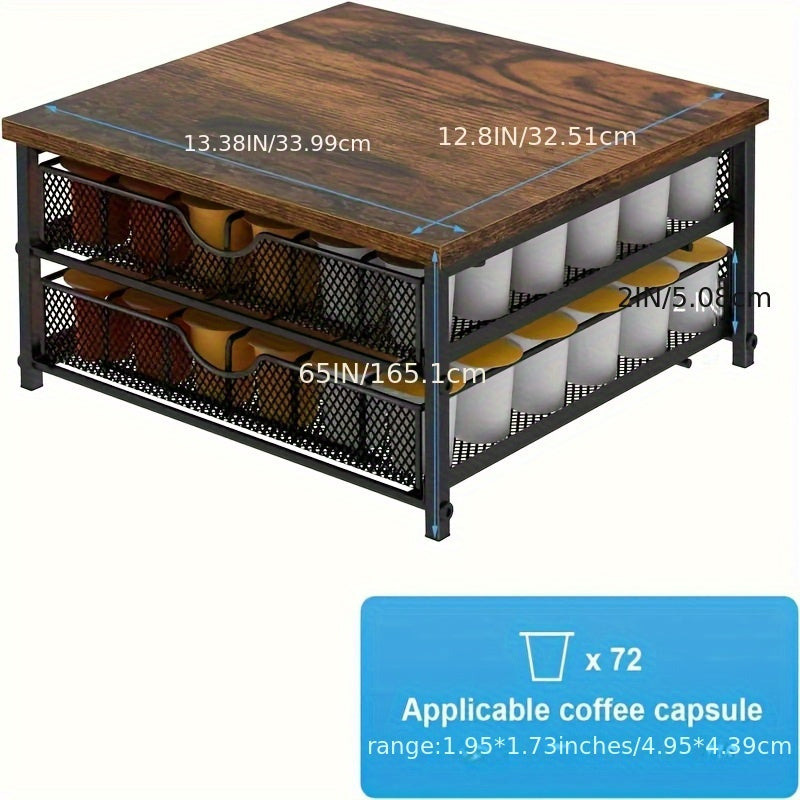 Black Wood & Iron Coffee Rack – K-Cup Holder with Double Drawers, Coffee Station Organizer