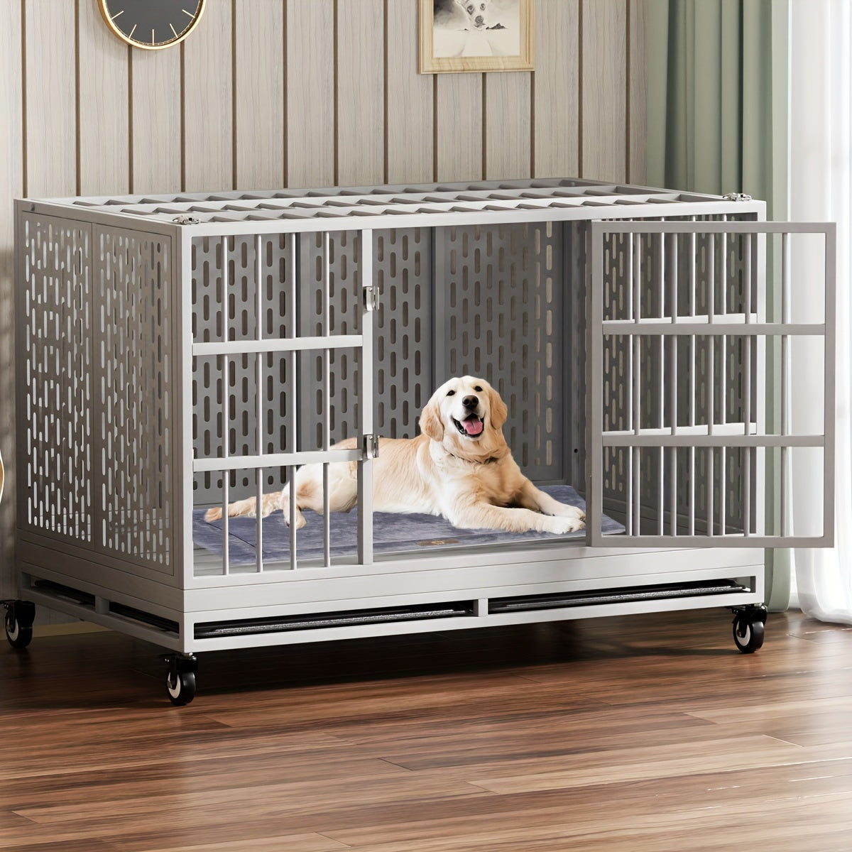 54/48/42/38 Inch Heavy Duty Dog Crate | XL XXL Folding Metal Cage w/ Wheels & Tray