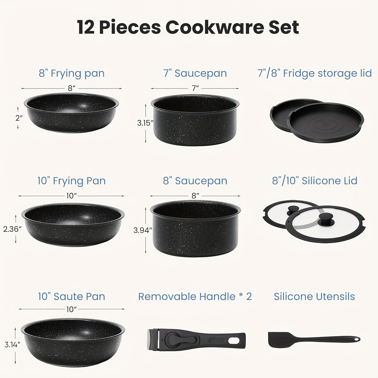 Nonstick 12-Piece Cookware Set with Detachable Handle – Induction & Oven Safe