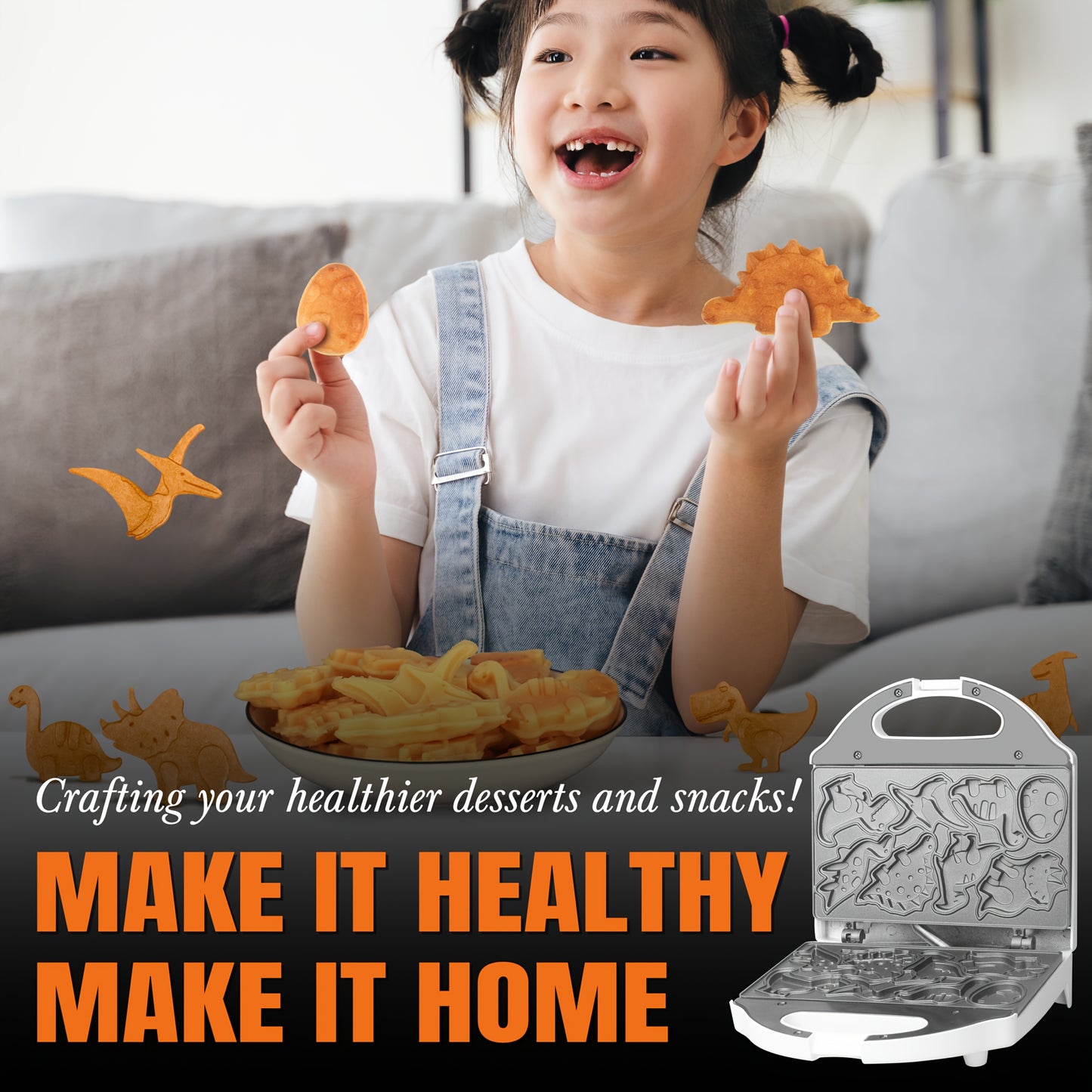 Mini Waffle Maker – Dinosaur or Car Shapes, Non-Stick Electric Breakfast Machine