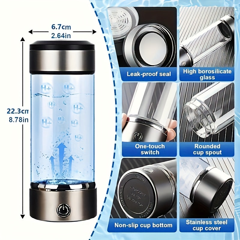 Hydrogen Water Bottle Portable SPE PEM Generator, Quick Electrolysis, Rechargeable 420ml