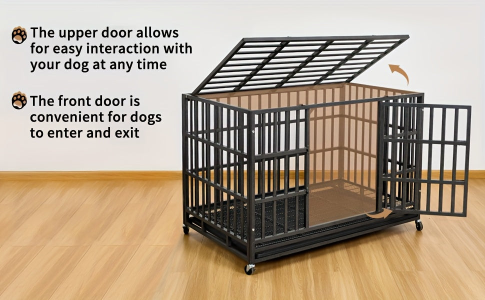 48" XXL Heavy-Duty Dog Crate Escape-Proof Double Door w/ Wheels & Tray