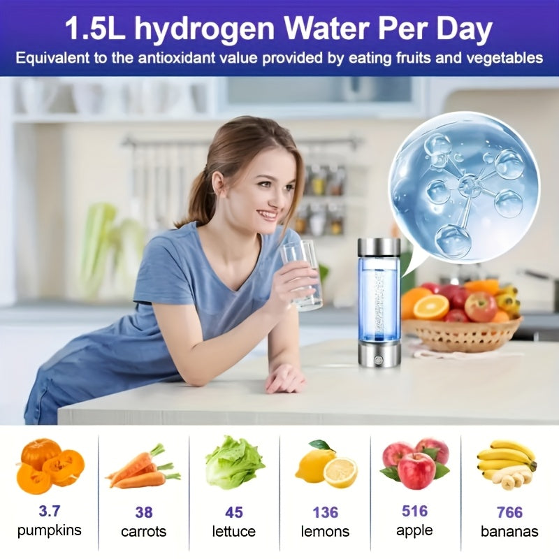 Hydrogen Water Bottle Portable SPE PEM Generator, Quick Electrolysis, Rechargeable 420ml