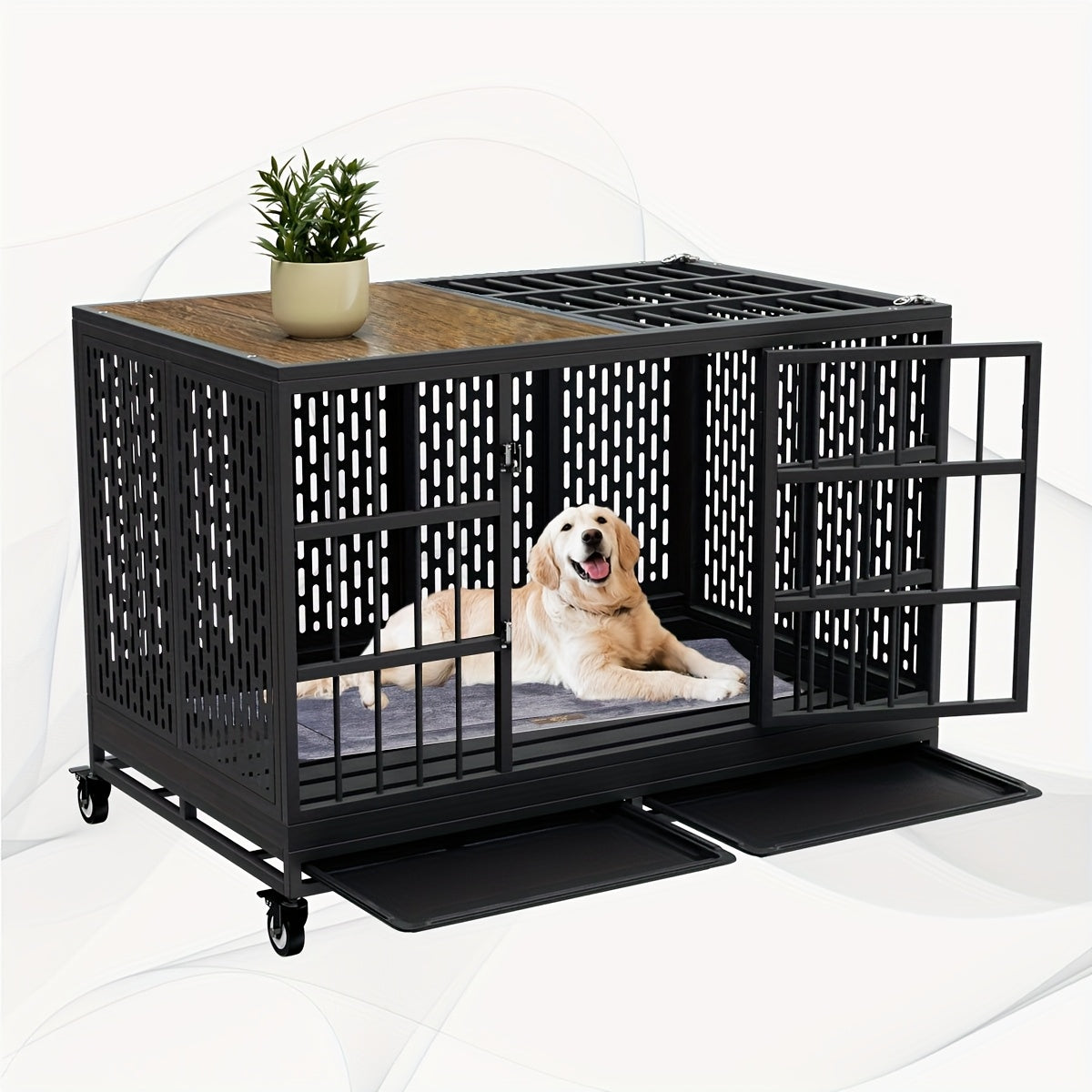 54/48/42/38 Inch Heavy Duty Dog Crate | XL XXL Folding Metal Cage w/ Wheels & Tray
