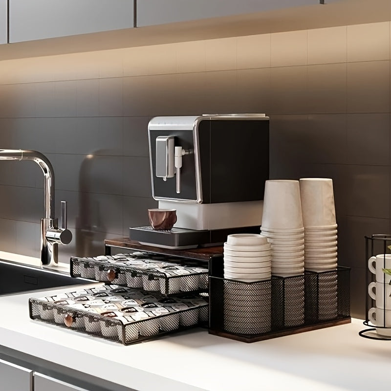 Black Wood & Iron Coffee Rack – K-Cup Holder with Double Drawers, Coffee Station Organizer