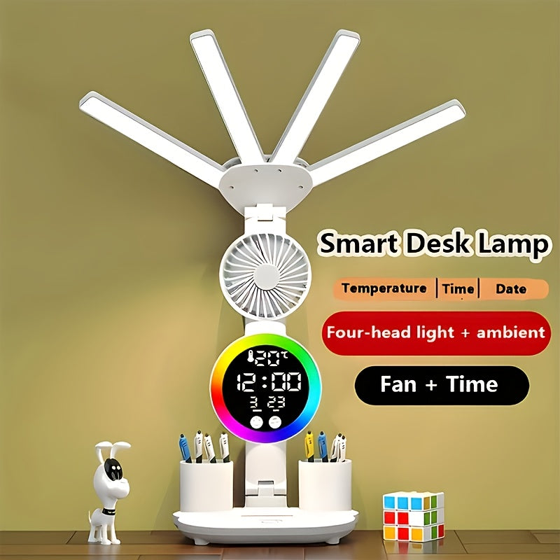 Smart Touch LED Desk Lamp – Dual Head, Dimmable, USB Powered with Fan & Night Light, Eye Protection for Home, Office & Dorm Study
