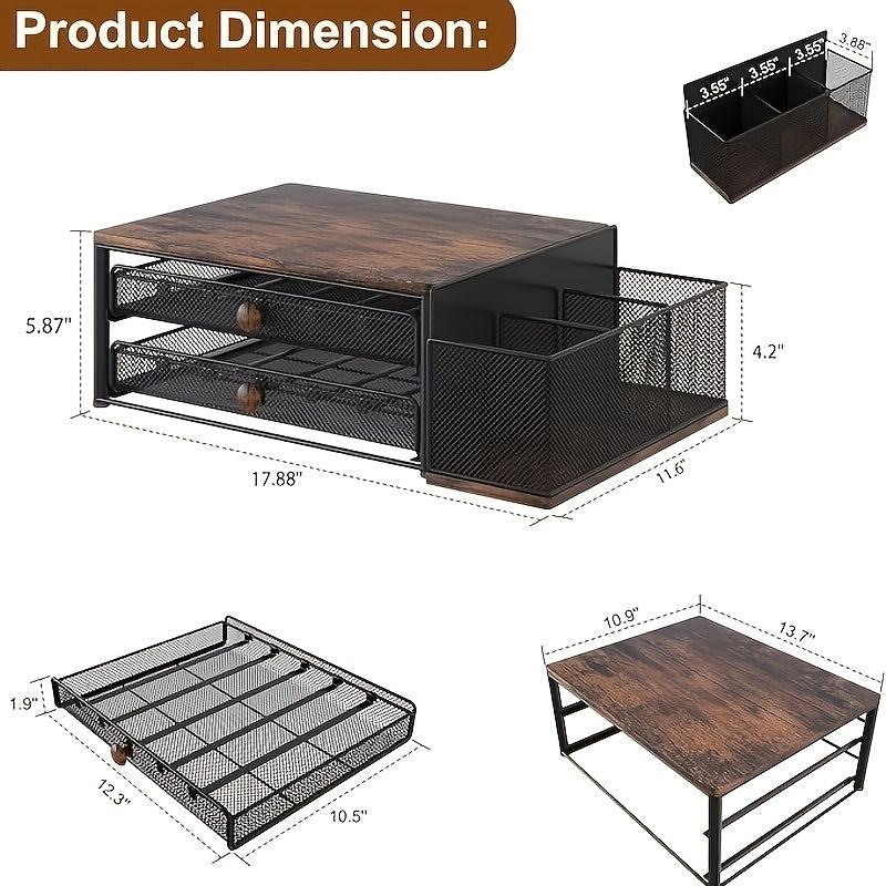 Black Wood & Iron Coffee Rack – K-Cup Holder with Double Drawers, Coffee Station Organizer