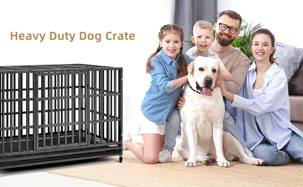 48" XXL Heavy-Duty Dog Crate Escape-Proof Double Door w/ Wheels & Tray