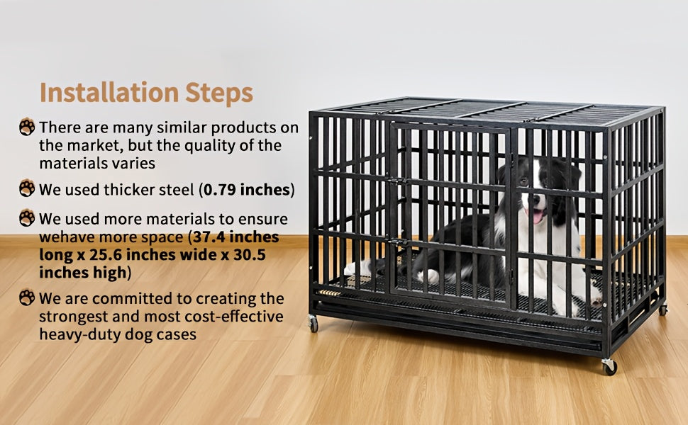 48" XXL Heavy-Duty Dog Crate Escape-Proof Double Door w/ Wheels & Tray