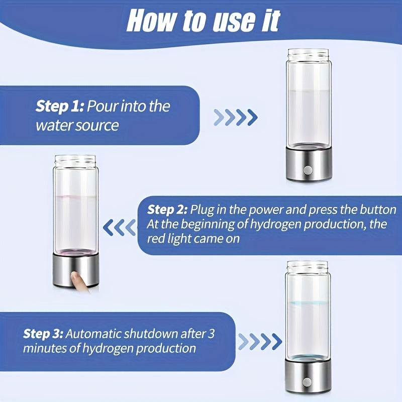 Hydrogen Water Bottle Portable SPE PEM Generator, Quick Electrolysis, Rechargeable 420ml