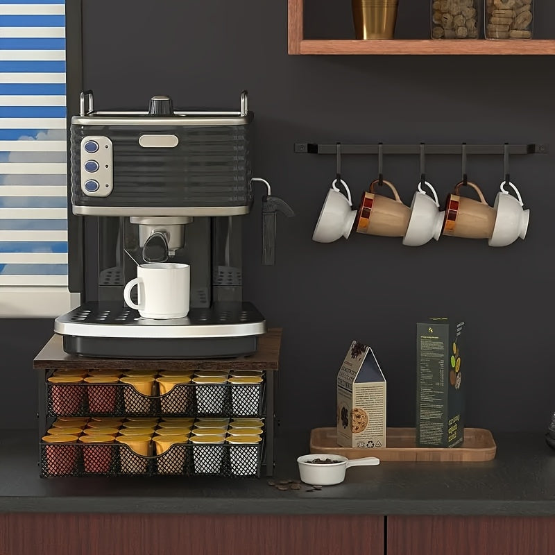 Black Wood & Iron Coffee Rack – K-Cup Holder with Double Drawers, Coffee Station Organizer