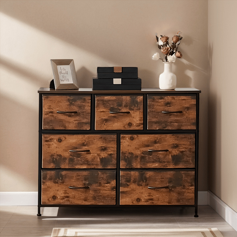 7-Grid Fabric Drawer Organizer – Metal Frame, Wooden Top, Multi-Room Storage Solution