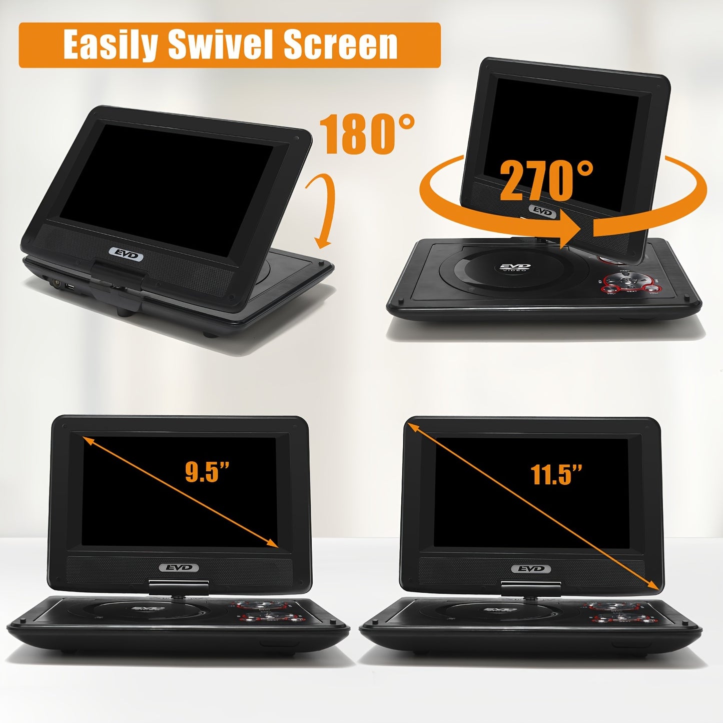 11.5" Portable DVD Player, 9.5" Swivel Screen, 5Hr Battery, Car/Home, CD/DVD/USB/SD, Region Free – Black