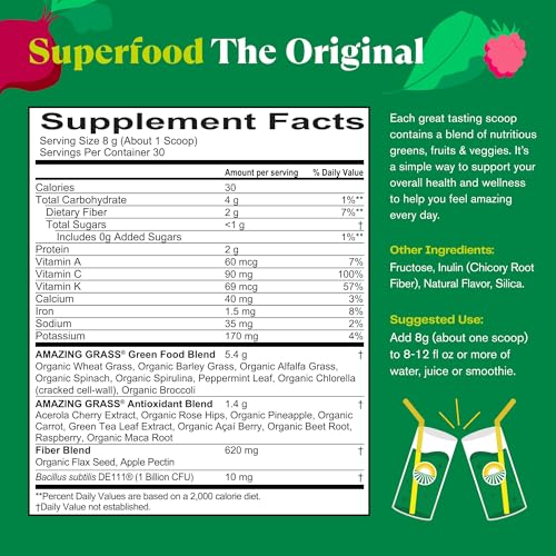 Daily Greens Powder by Amazing Grass – Spirulina, Chlorella & Beet Root Blend (30 ct)