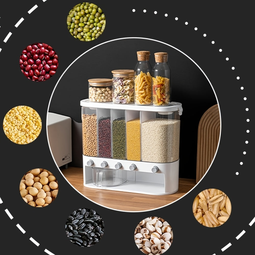 Large Airtight Rice Dispenser 5-Compartment Grain Storage Container Kitchen