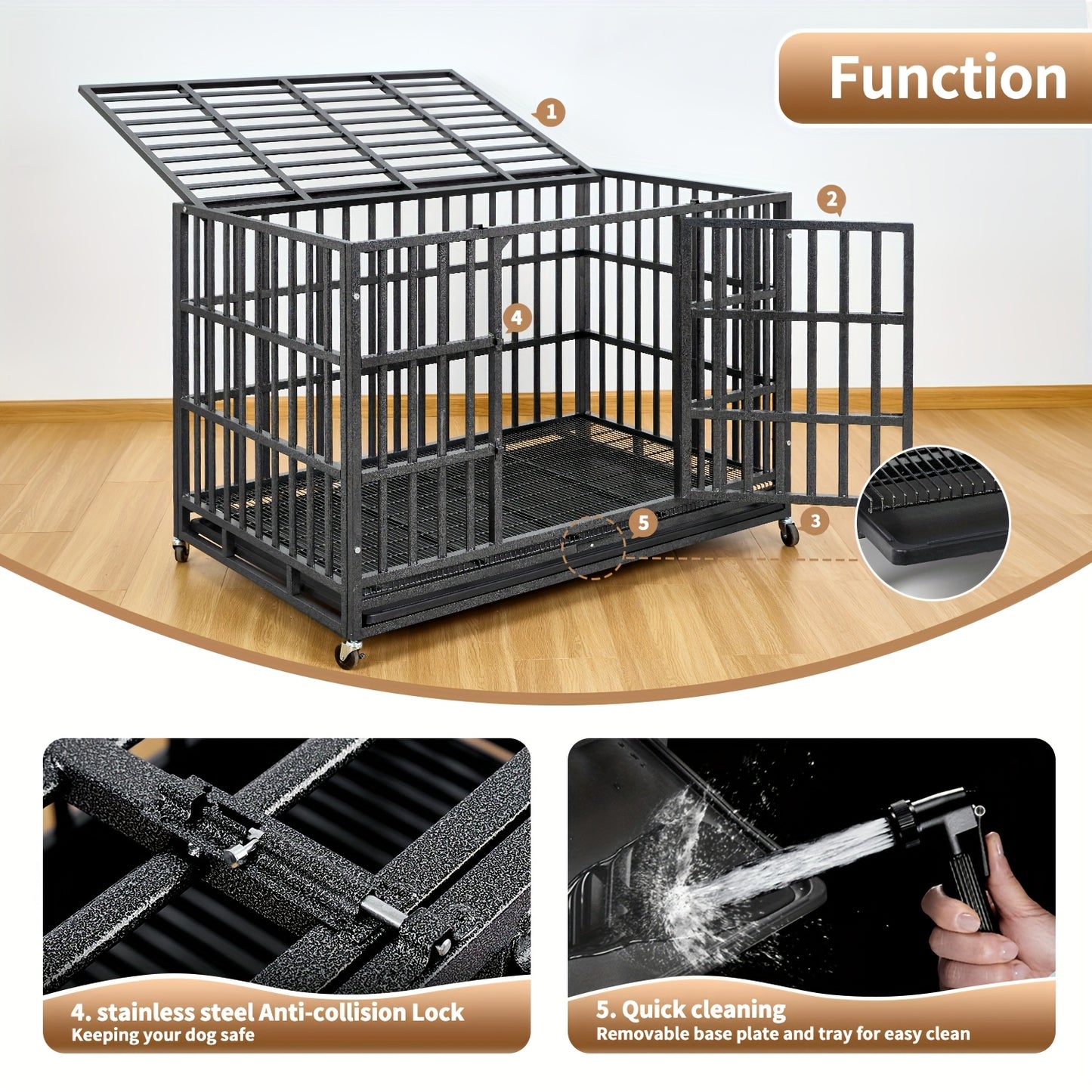 48" XXL Heavy-Duty Dog Crate Escape-Proof Double Door w/ Wheels & Tray
