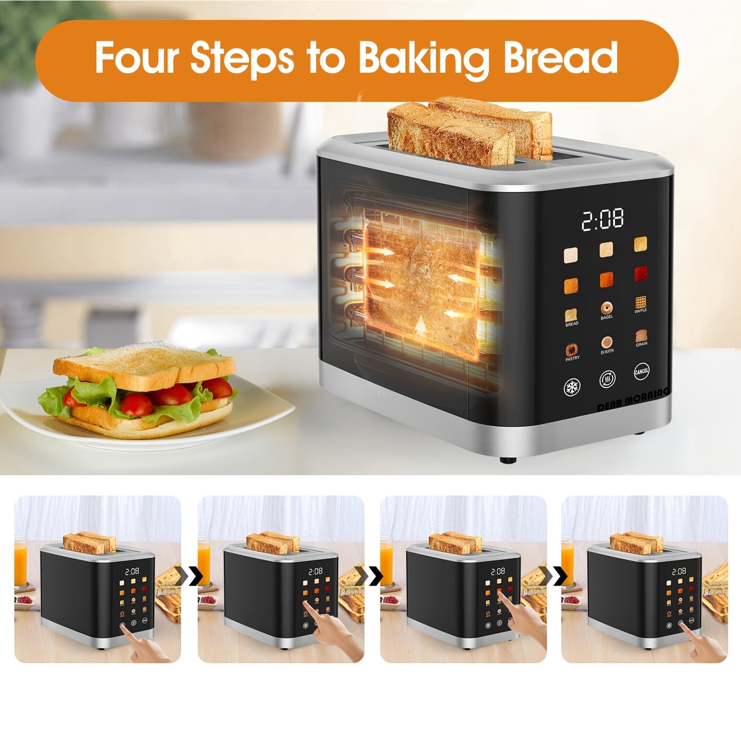 2-Slice Touchscreen Toaster – LCD Display, 6 Levels, Bagel/Defrost, Stainless Steel