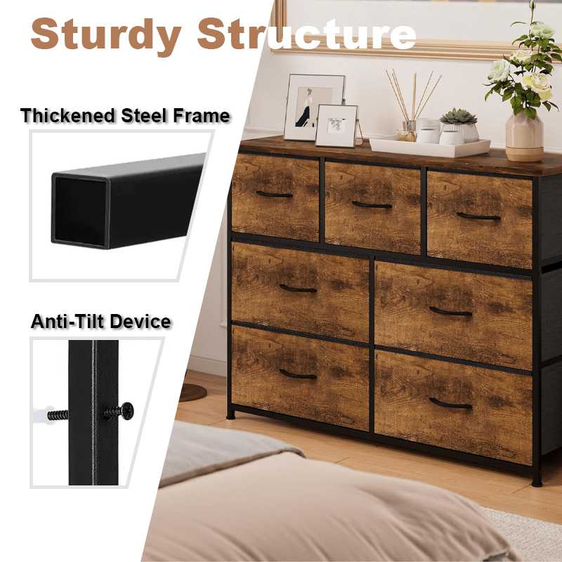7-Grid Fabric Drawer Organizer – Metal Frame, Wooden Top, Multi-Room Storage Solution