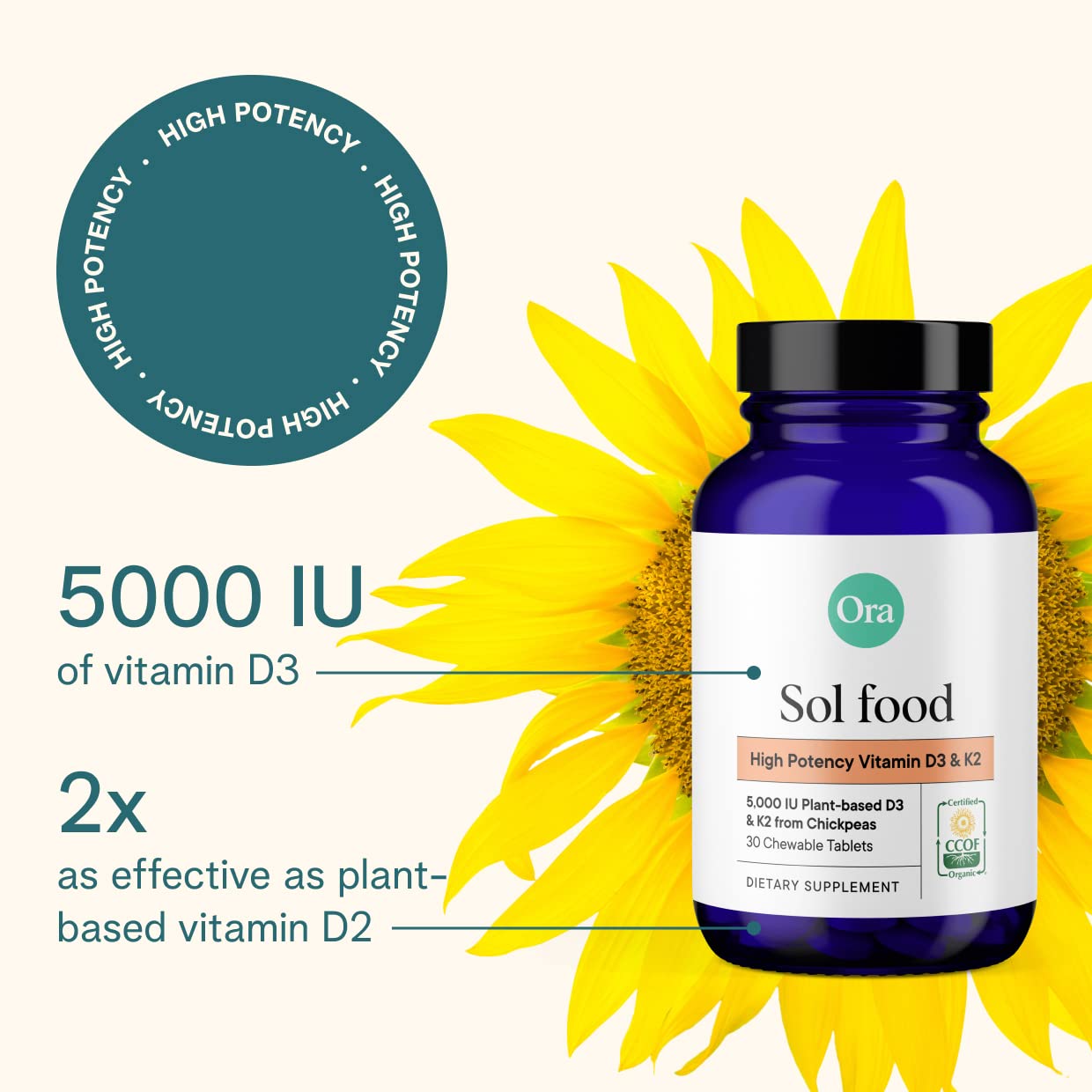 Ora Organic Vitamin D3 + K2 – Vegan Chewables for Bone & Immune Support (30 Tablets)