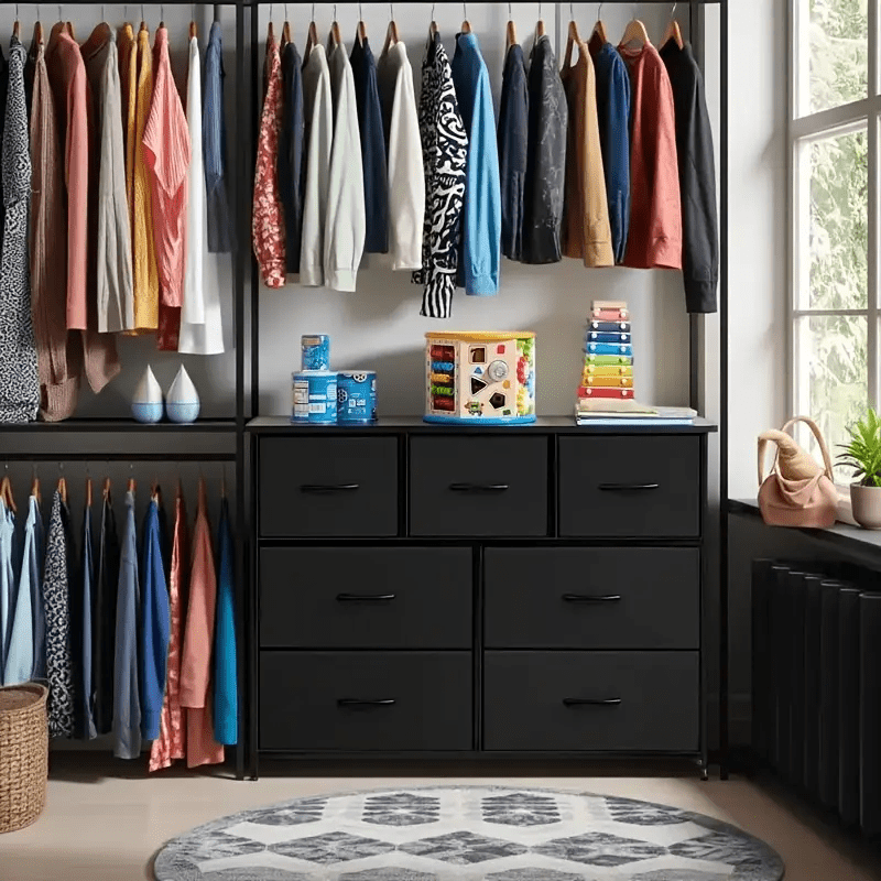 7-Grid Fabric Drawer Organizer – Metal Frame, Wooden Top, Multi-Room Storage Solution