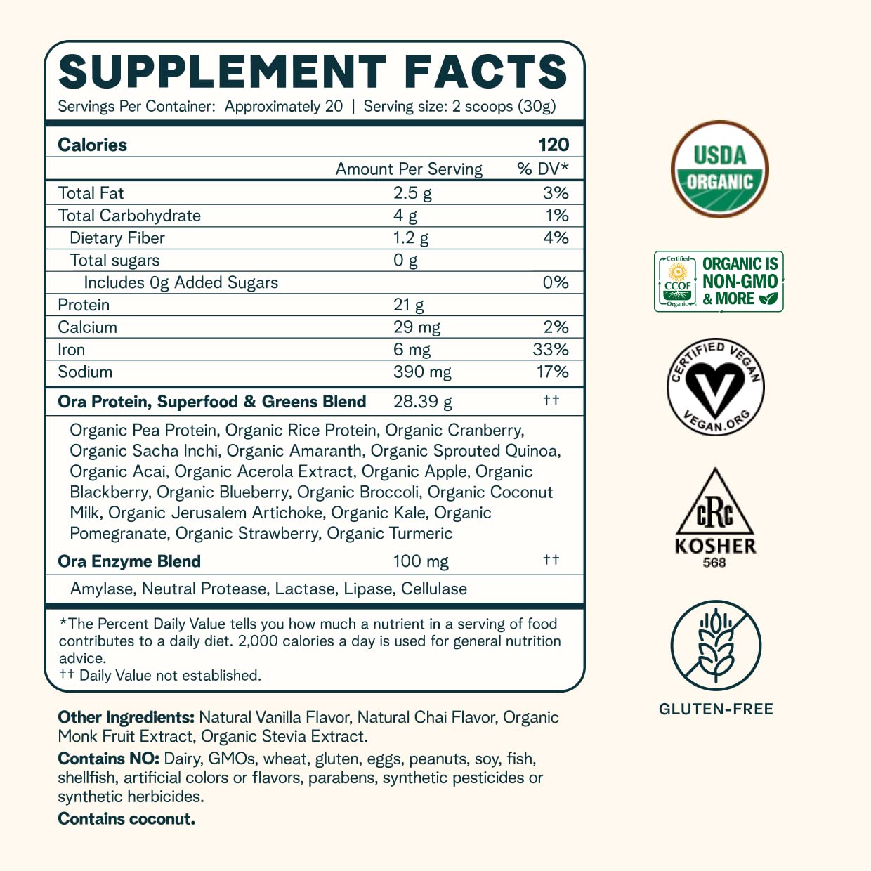 Ora Organic Vegan Protein – 21g Plant-Based Vanilla Chai (Keto & Dairy-Free)