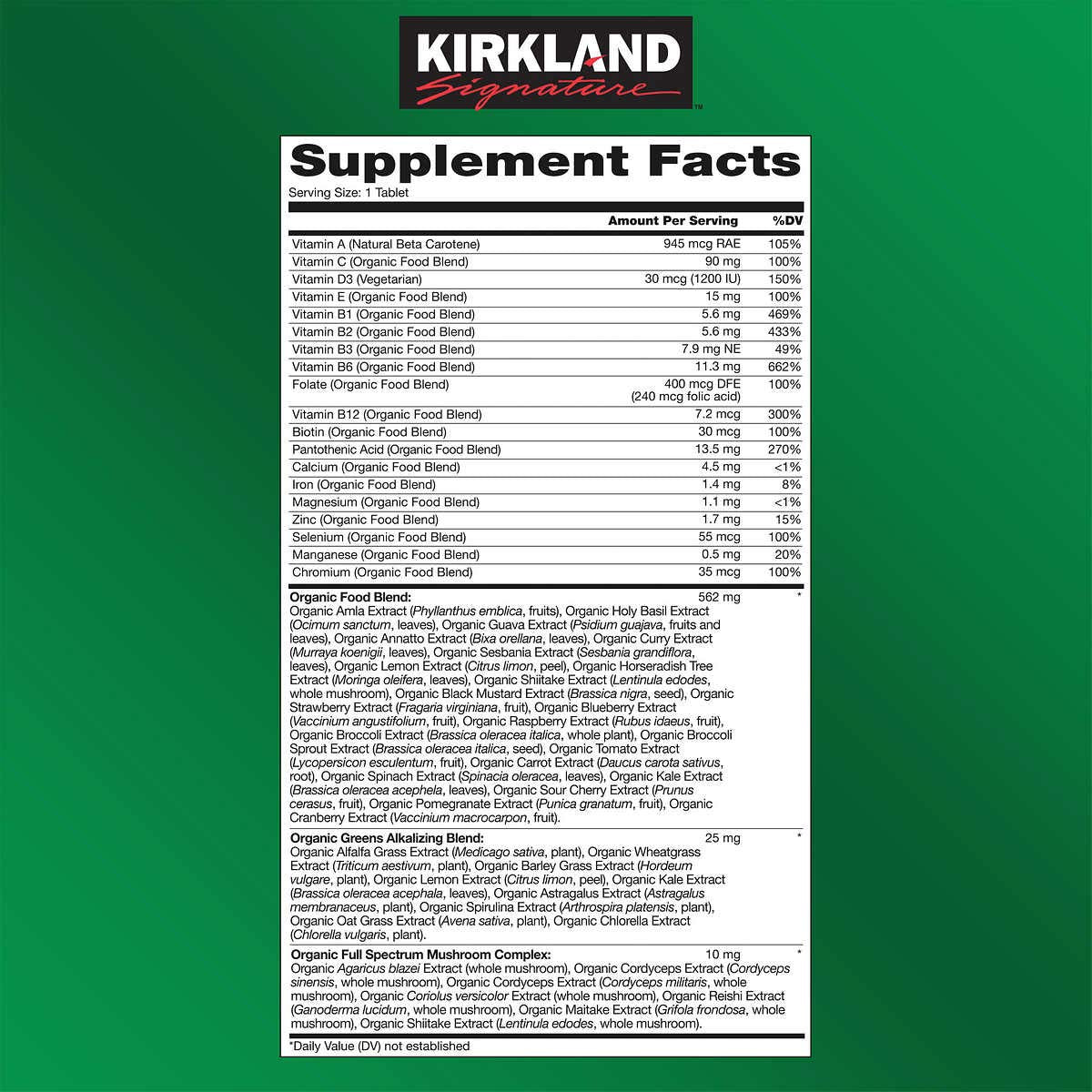 Kirkland Signature USDA Organic Multivitamin 80 Coated Tablets