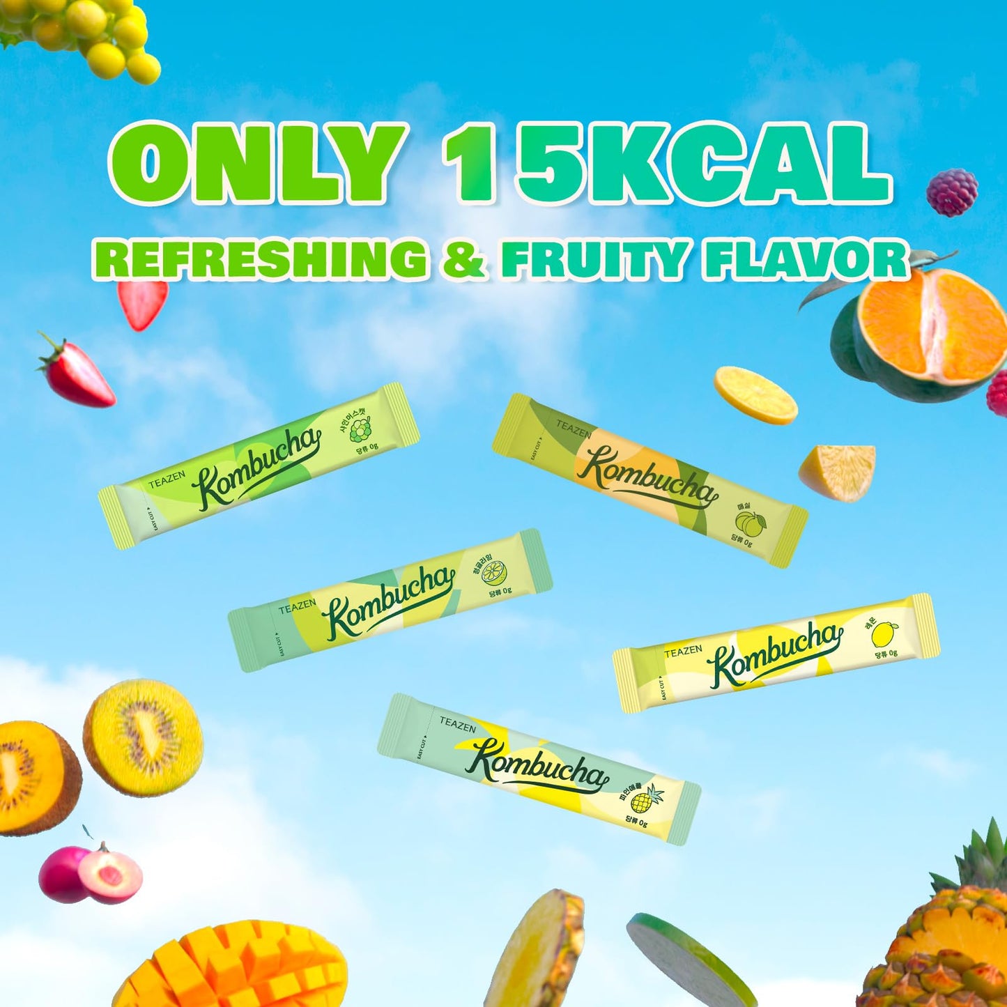 TEAZEN Kombucha Variety Pack – 5 Fruity Flavors (20 Sticks)