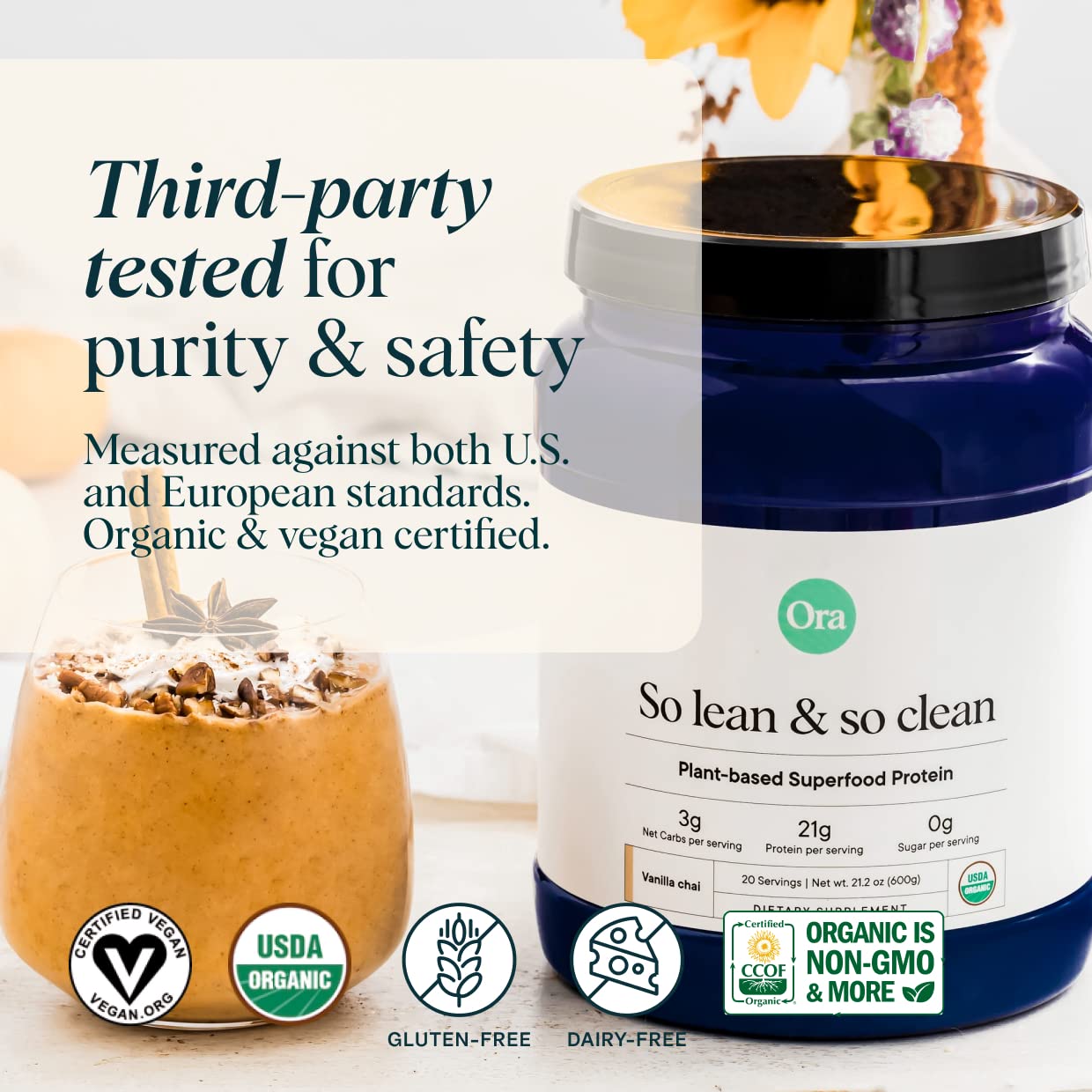 Ora Organic Vegan Protein – 21g Plant-Based Vanilla Chai (Keto & Dairy-Free)