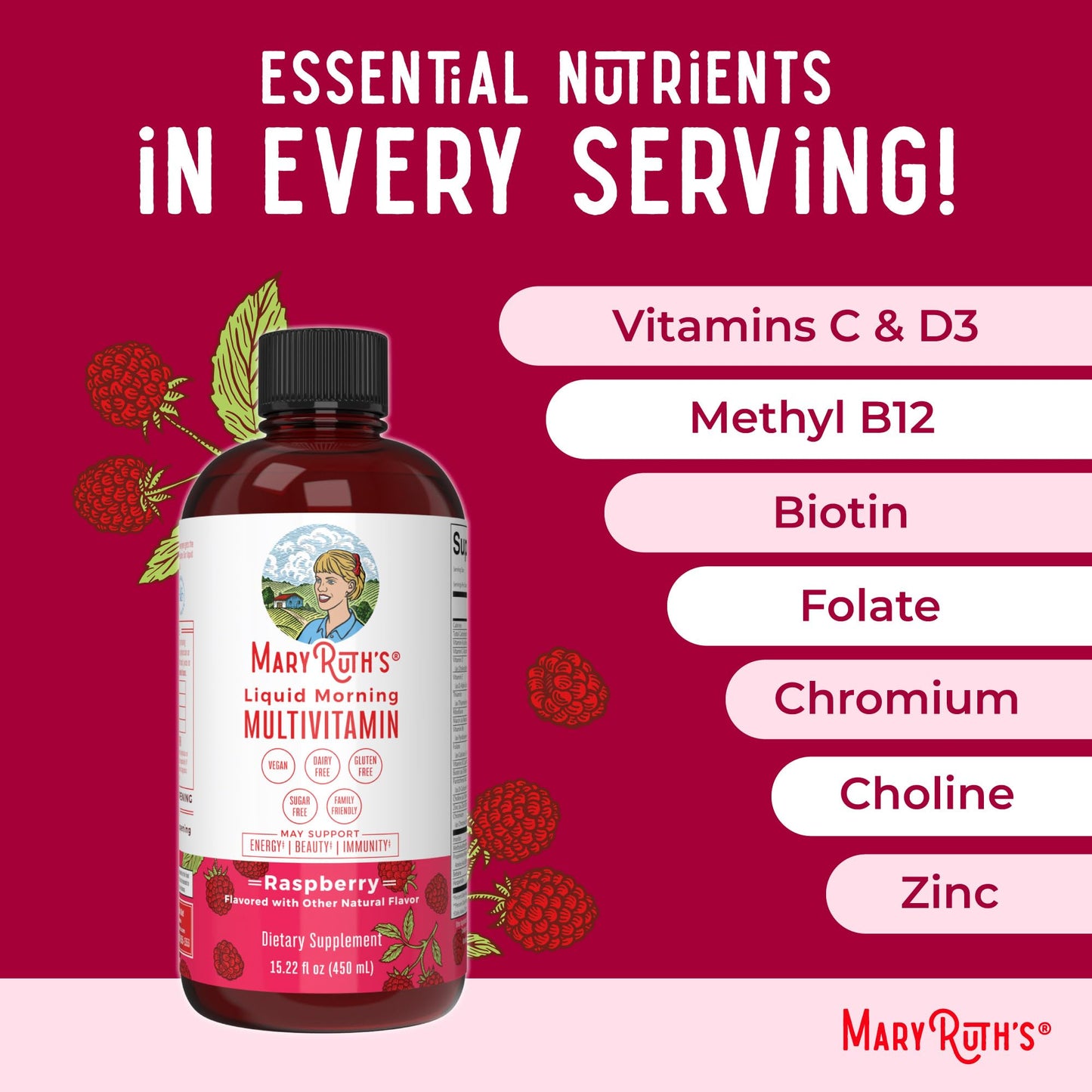 MaryRuth Morning Multivitamin – Liquid Raspberry Blend (15 Servings)