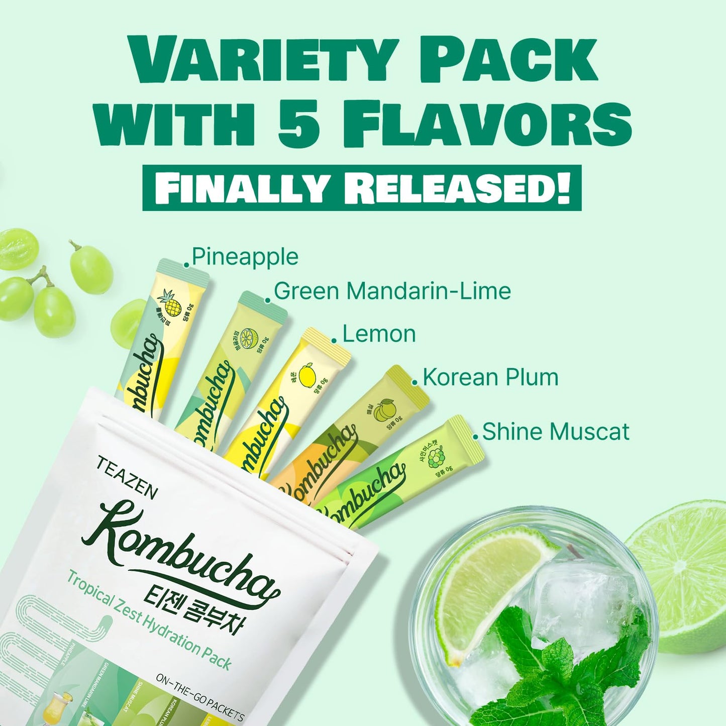 TEAZEN Kombucha Variety Pack – 5 Fruity Flavors (20 Sticks)