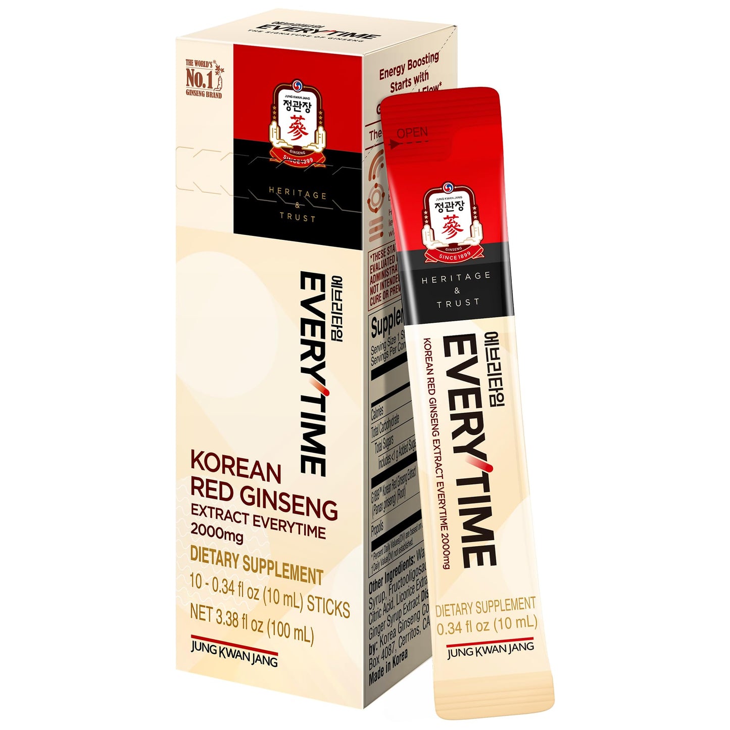 Jung Kwan Jang Everytime – Korean Red Ginseng Energy Sticks (2000mg, 10 Sticks)