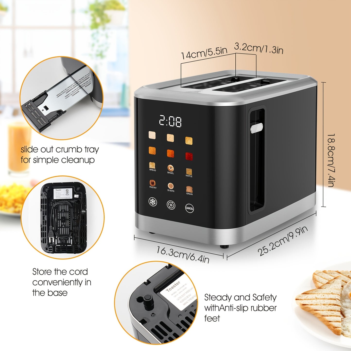 2-Slice Touchscreen Toaster – LCD Display, 6 Levels, Bagel/Defrost, Stainless Steel