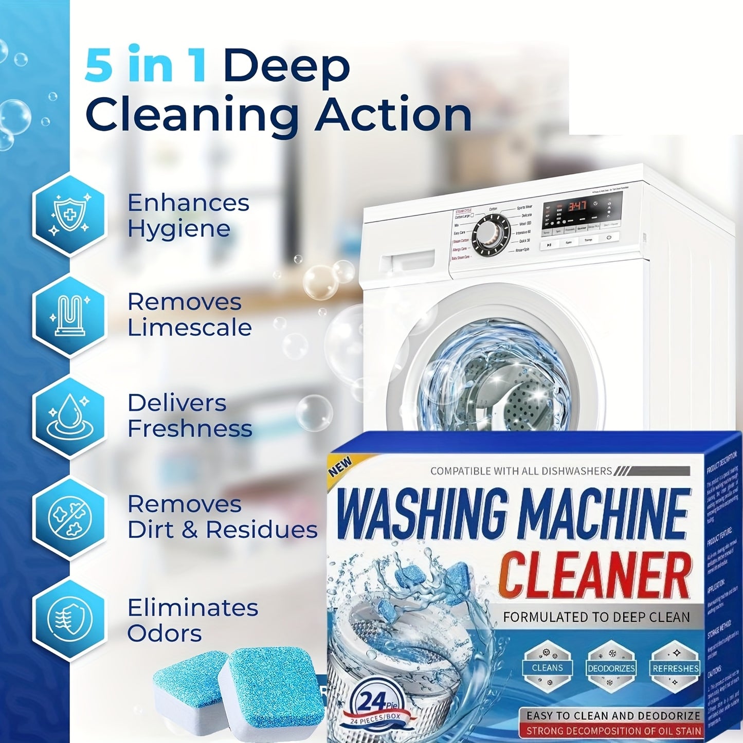 Washing Machine Cleaner Descaler Tablets for HE Front & Top Load Washer Deep Cleaning