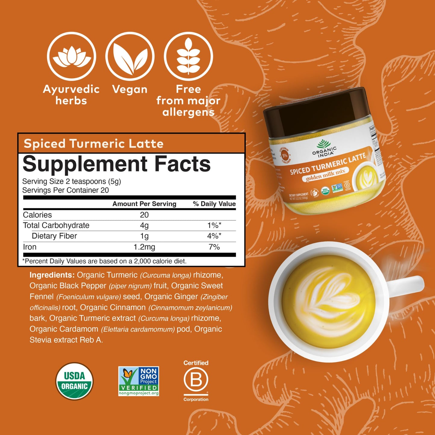 ORGANIC INDIA Spiced Turmeric Latte – Golden Milk Blend with Ginger & Cinnamon (3.52 oz)