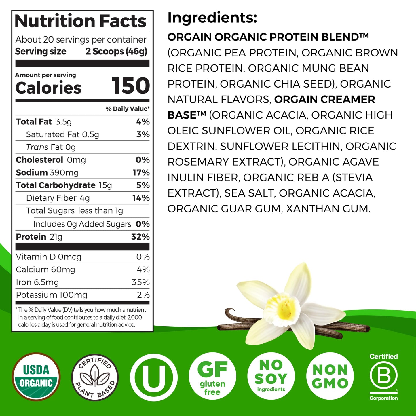 Orgain Organic Vegan Protein Powder Vanilla Bean 2.03lb – 21g Plant Protein