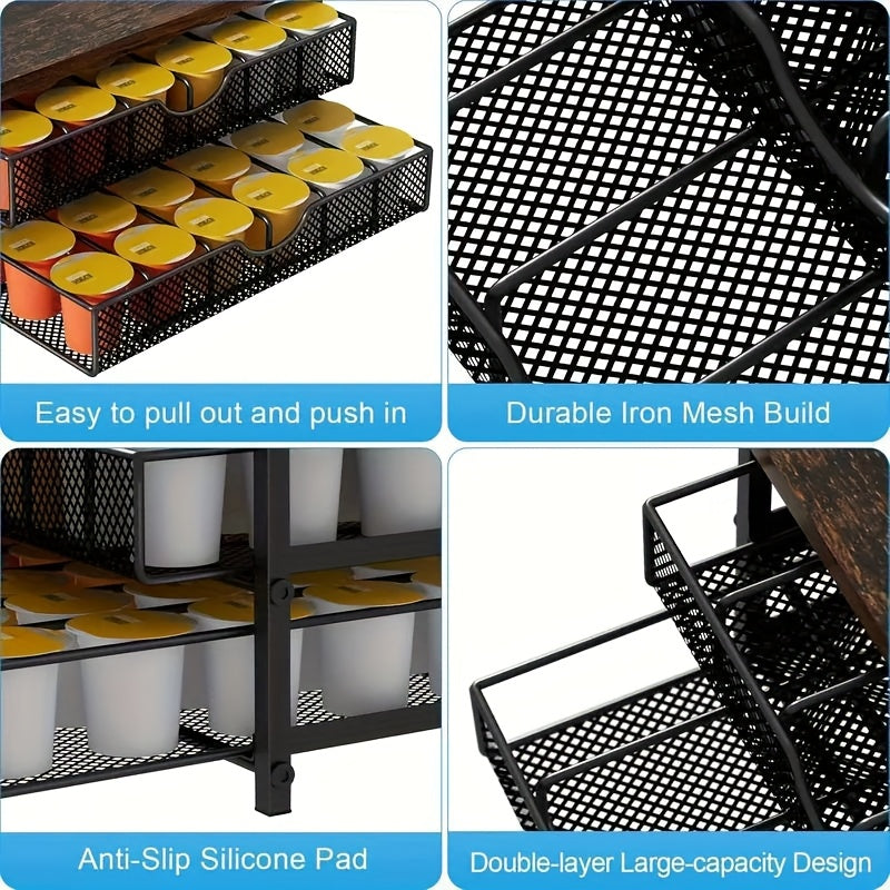 Black Wood & Iron Coffee Rack – K-Cup Holder with Double Drawers, Coffee Station Organizer