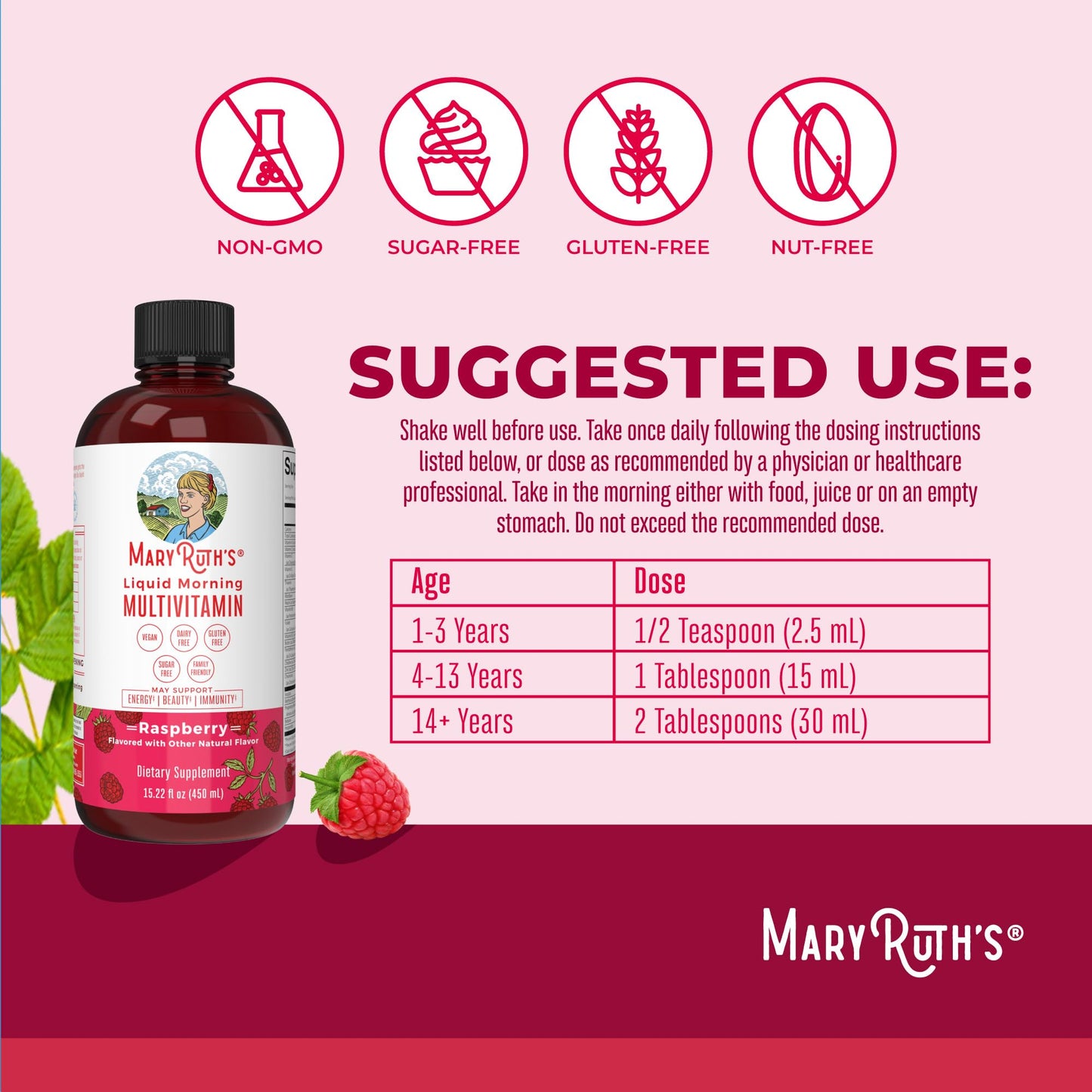 MaryRuth Morning Multivitamin – Liquid Raspberry Blend (15 Servings)