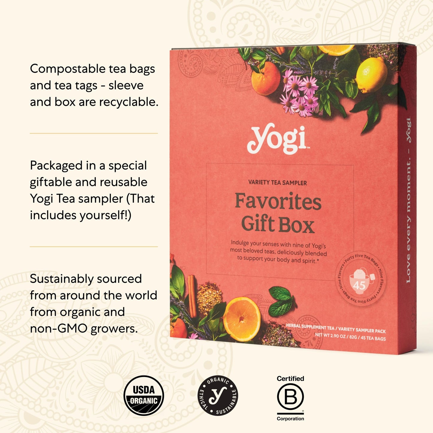 Yogi Organic Wellness Tea Gift Box – 45 Assorted Herbal, Green & Black Bags