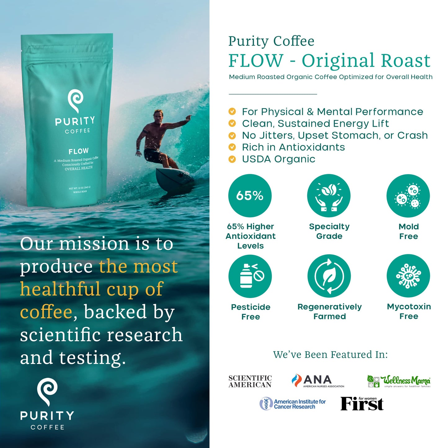 Purity Coffee FLOW Medium Roast – USDA Organic Specialty Grade Arabica, 12oz Bag