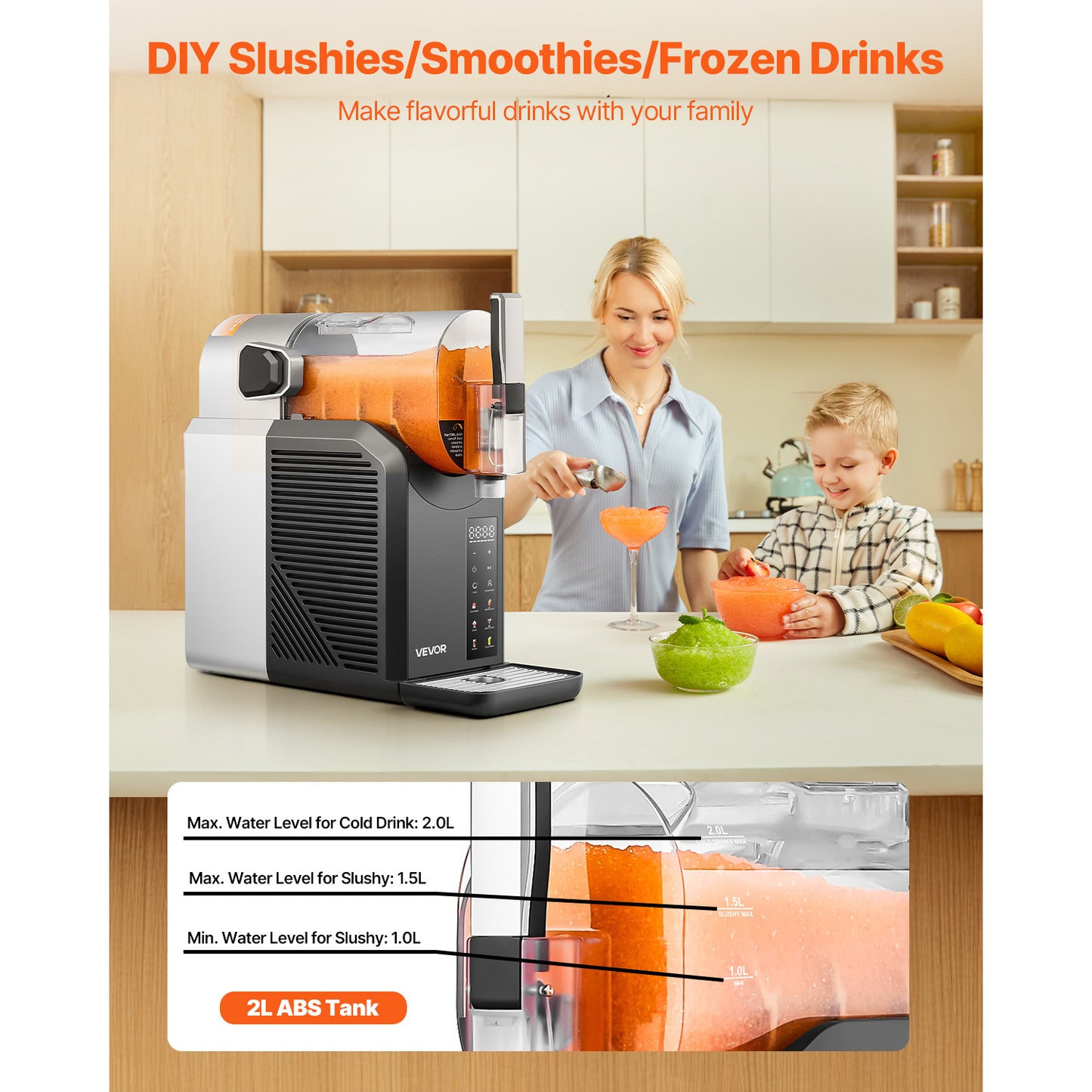 VEVOR 2L Automatic Slushy Machine, No Ice Needed for Frozen Drinks