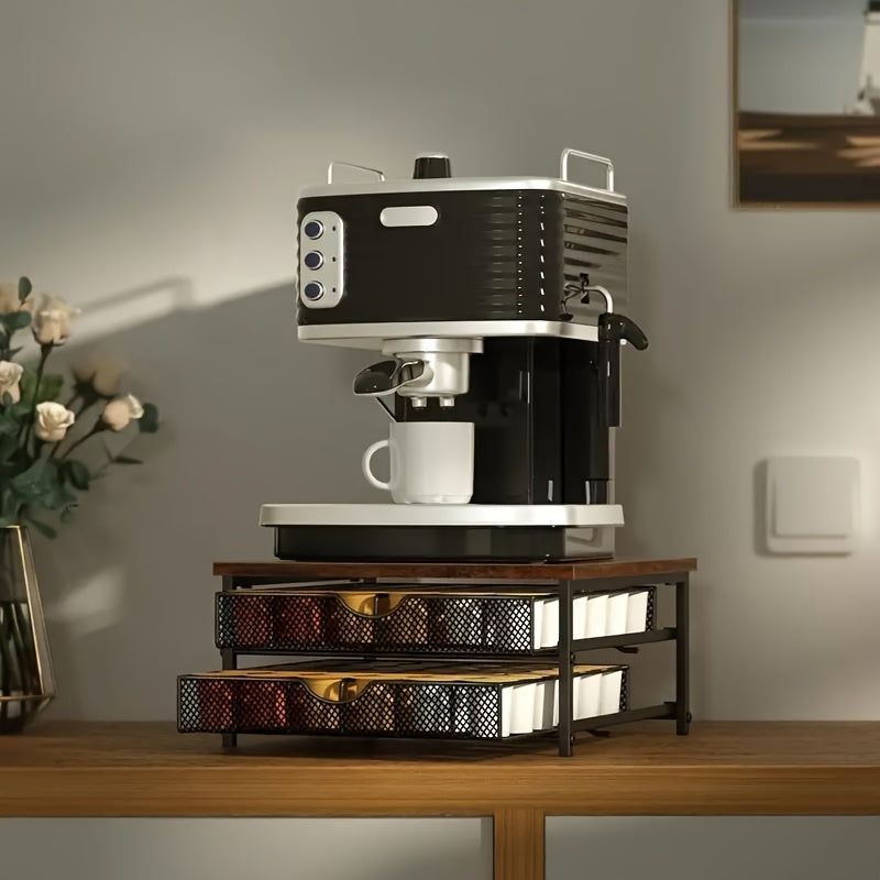 Black Wood & Iron Coffee Rack – K-Cup Holder with Double Drawers, Coffee Station Organizer