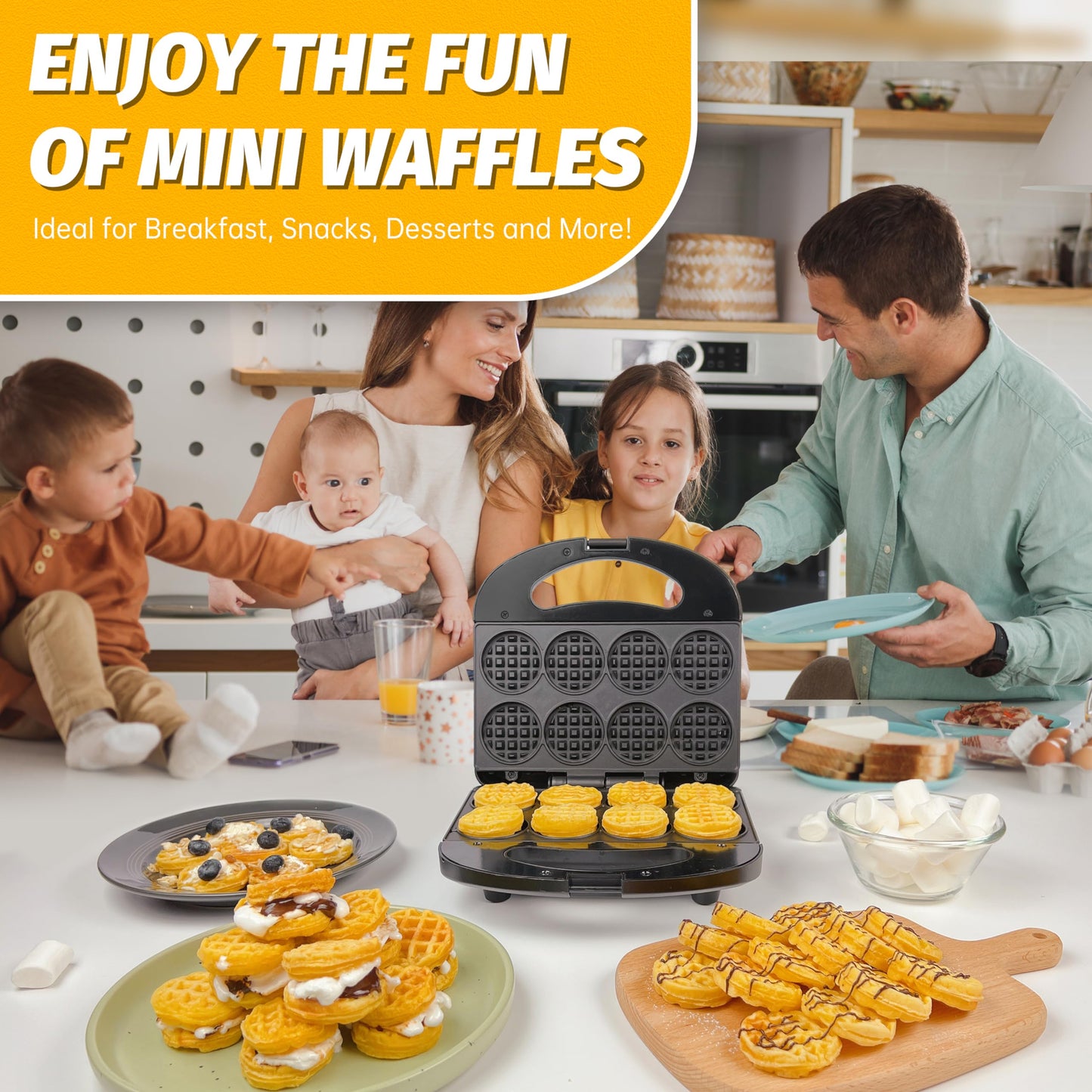 FineMade Mini Waffle Maker, Non-Stick Mini Waffle Iron, Makes 8×2" Tiny Bites