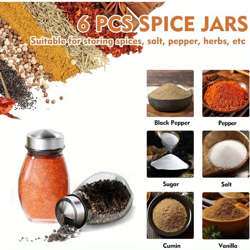 6-Pot Spice Rack Tower – 360° Rotating Kitchen Organizer with Glass Jars, Countertop Storage