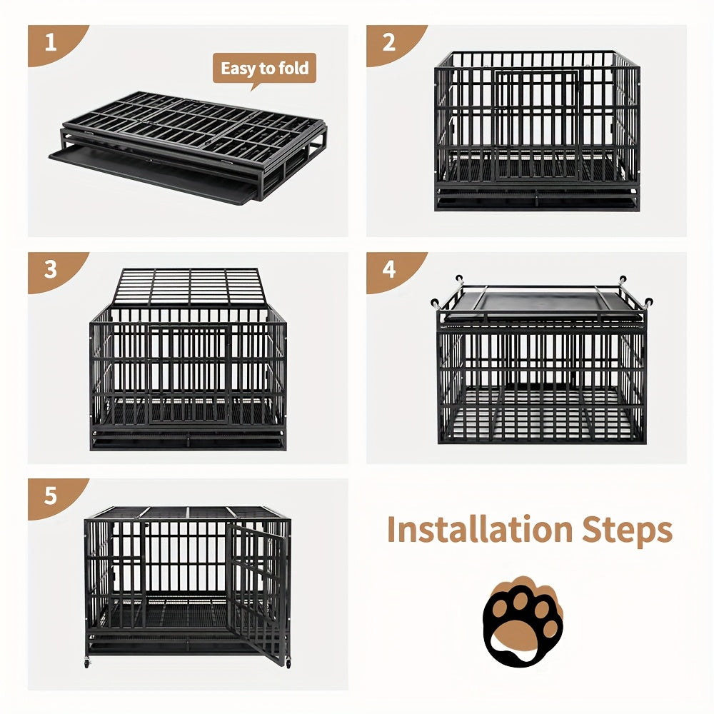48" XXL Heavy-Duty Dog Crate Escape-Proof Double Door w/ Wheels & Tray