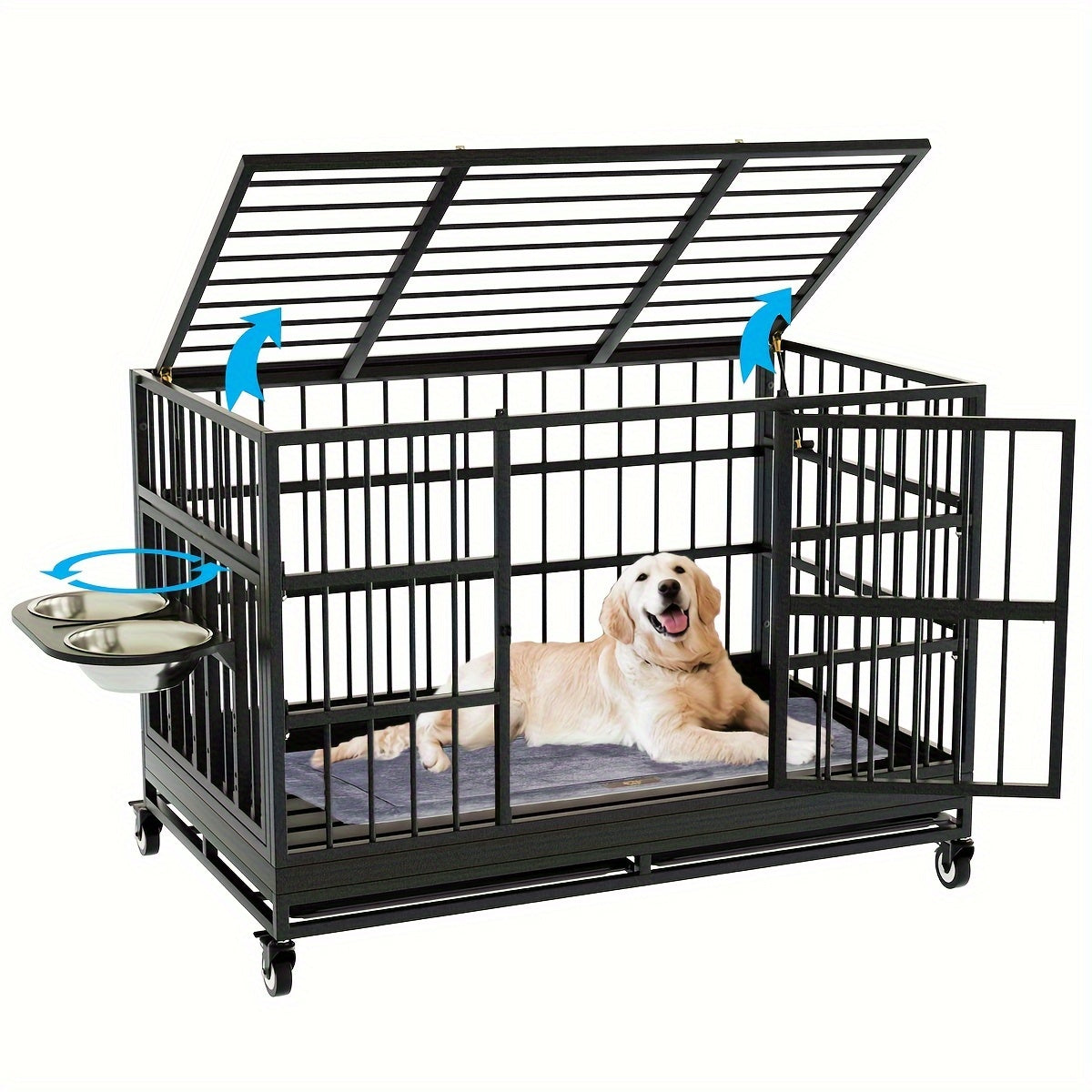 54/48/42/38 Inch Heavy Duty Dog Crate | XL XXL Folding Metal Cage w/ Wheels & Tray
