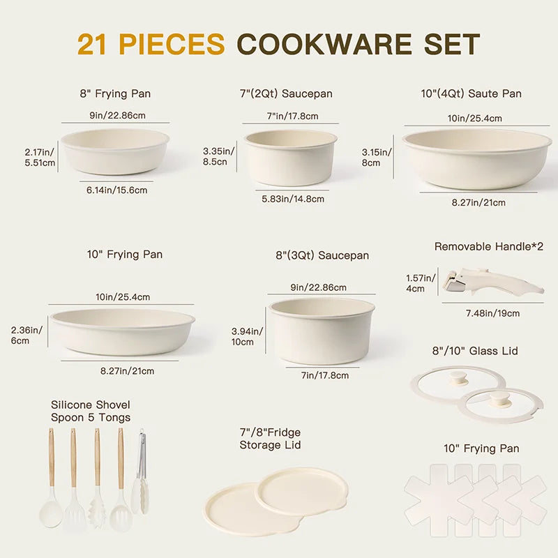 21-Piece Non-Stick Ceramic Pots & Pans Set – Astercook with Sensor Handles – Milky White