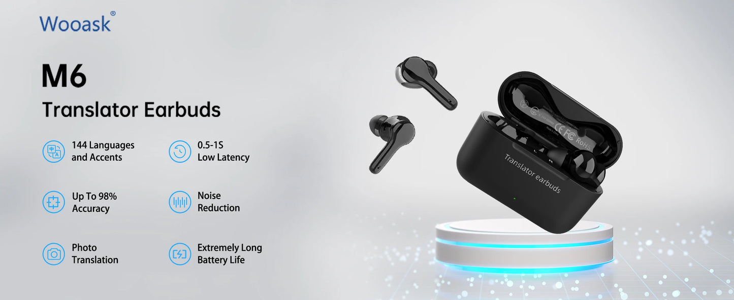 Wooask M6 Translation Earbuds – Real-Time 2-Way Translator, 144 Languages, Offline Support