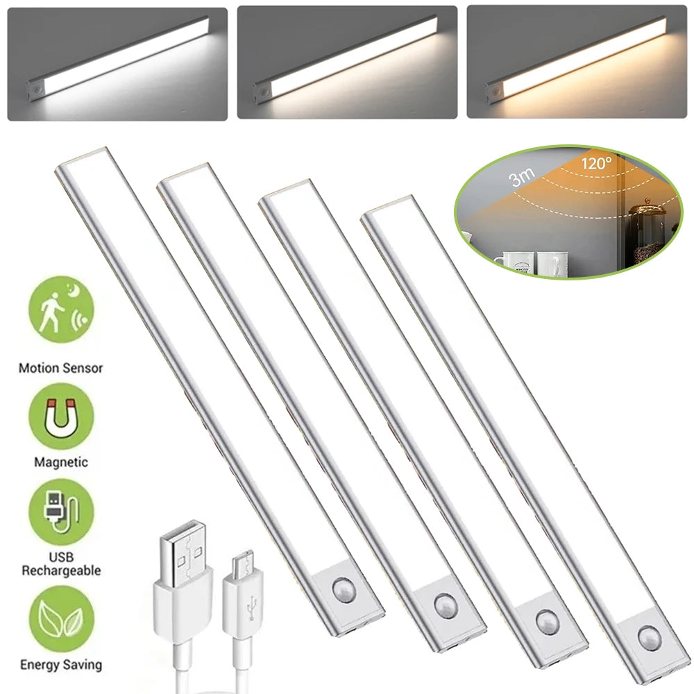 30CM Motion Sensor LED Night Light – USB Rechargeable, 3-Color, Wireless Home Lamp