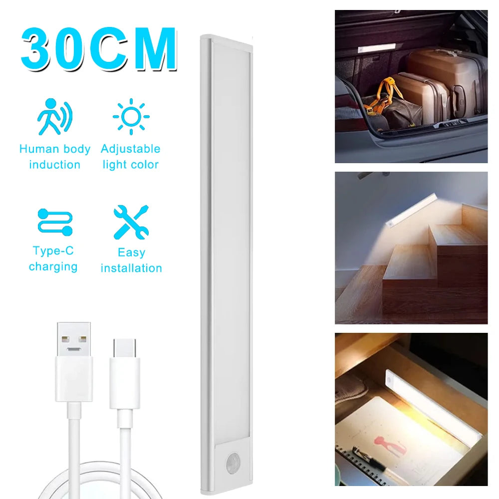 30CM Motion Sensor LED Night Light – USB Rechargeable, 3-Color, Wireless Home Lamp